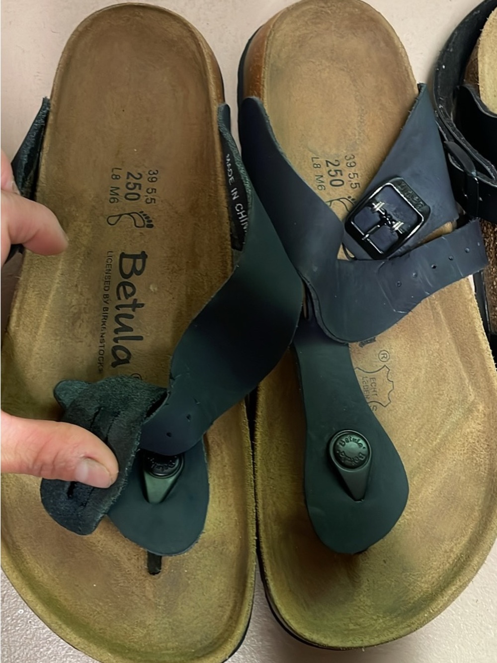 Betula Black Leather Thong Sandals with Adjustable Buckle